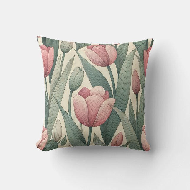 Pastel Tulip Garden Pattern Illustration Cushion (Front)