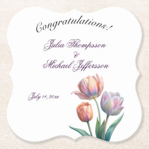 Pastel Tulip Wedding Suite Elegant Typography Paper Coaster