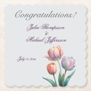 Pastel Tulip Wedding Suite Elegant Typography Paper Coaster