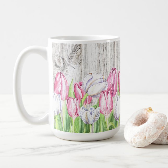 Pastel Tulips Against Rustic Wooden Background Coffee Mug (With Donut)
