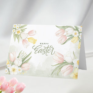 Pastel Tulips and Daffodils Happy Easter Holiday Card