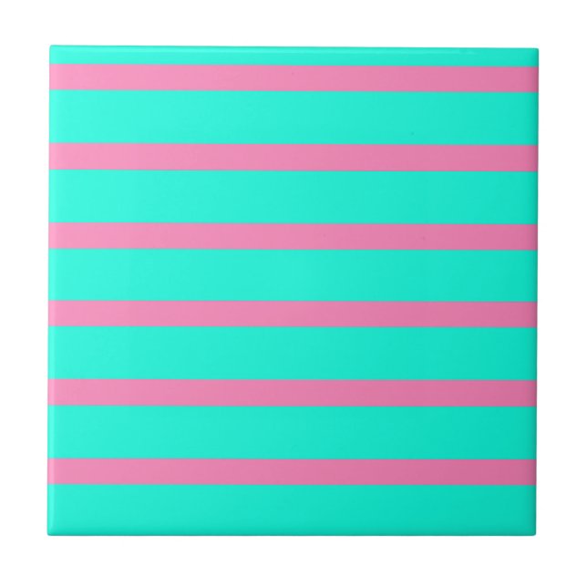 Pastel Turquoise Blue-green And Pink Stripes Ceramic Tile (Front)