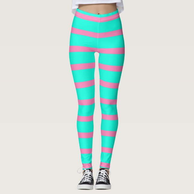 Pastel Turquoise Blue-green And Pink Stripes Leggings (Front)