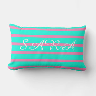 Pastel Turquoise Blue-green And Pink Stripes Lumbar Cushion