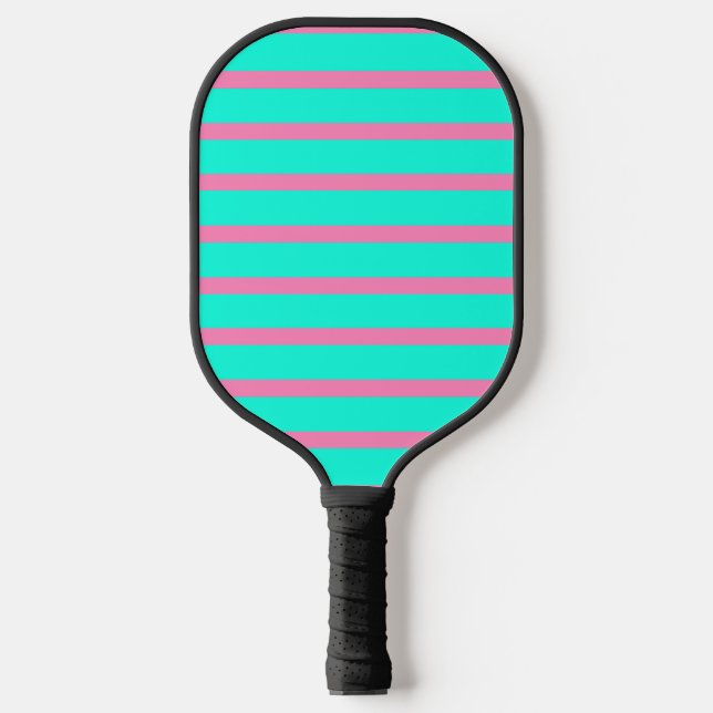 Pastel Turquoise Blue-green And Pink Stripes Pickleball Paddle (Front)