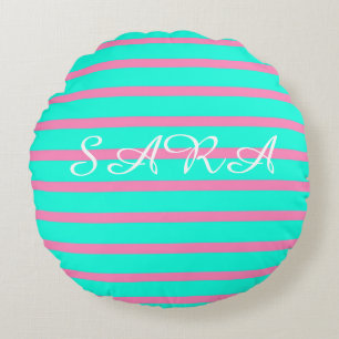 Pastel Turquoise Blue-green And Pink Stripes  Round Cushion