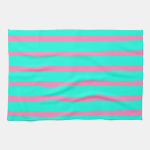 Pastel Turquoise Blue-green And Pink Stripes Tea Towel