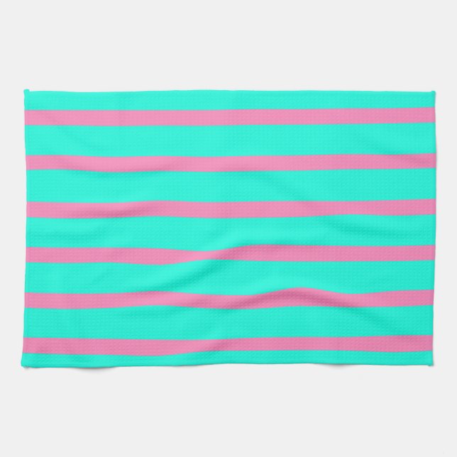 Pastel Turquoise Blue-green And Pink Stripes Tea Towel (Horizontal)