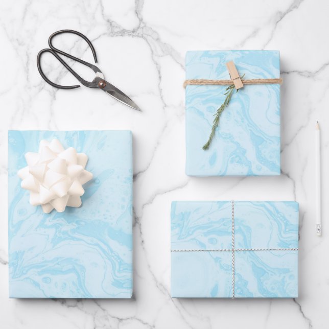 Pastel Turquoise Blue Marble Liquid Ink Pattern Wrapping Paper Sheet (Front)