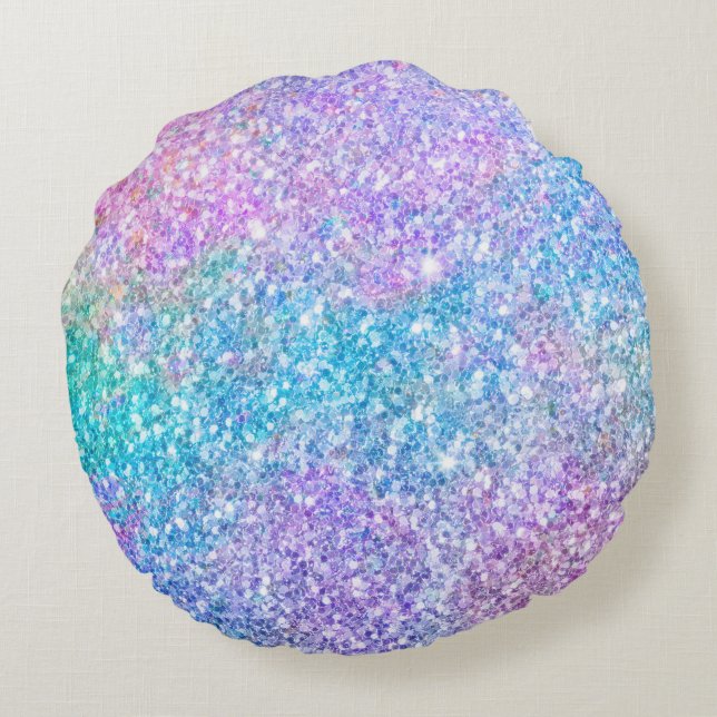 Pastel Turquoise Blue & Purple Glitter Round Cushion (Back)