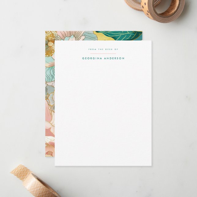 Pastel Turquoise Floral Personal Stationery Card (Front/Back In Situ)
