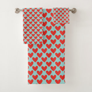 PASTEL TURQUOISE WITH ROWS OF RED HEARTS BATH TOWEL SET