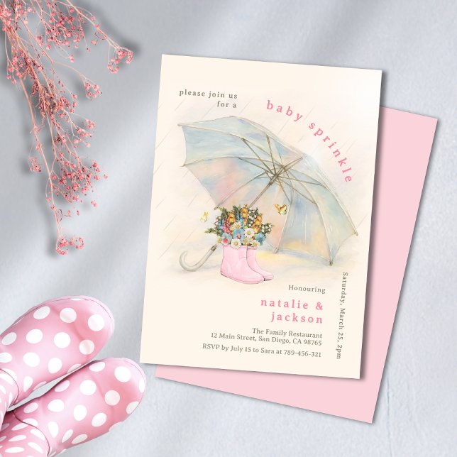 Pastel Umbrella Floral Pink Boots Baby Sprinkle Invitation (Pastel Umbrella Floral Pink Boots Baby Sprinkle Invitation)