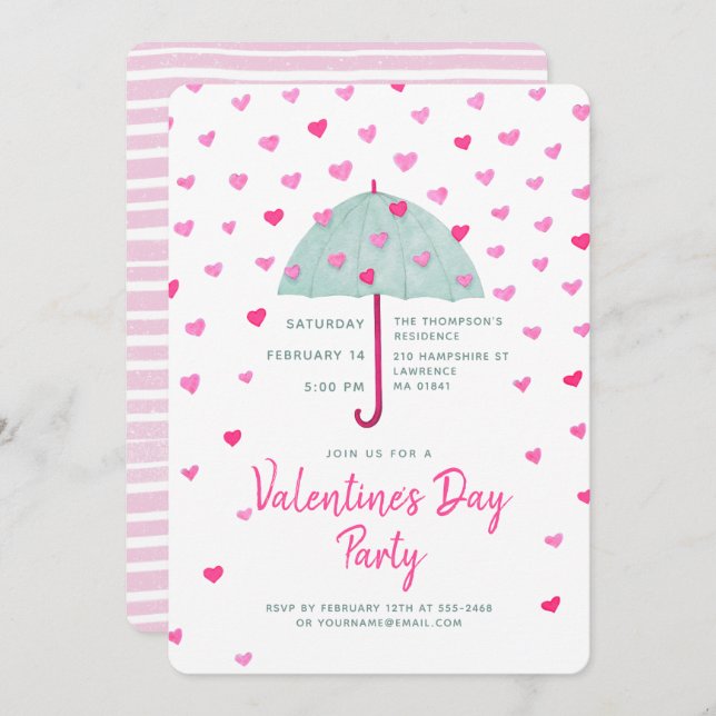 Pastel Umbrella Hearts Rain Invitation (Front/Back)