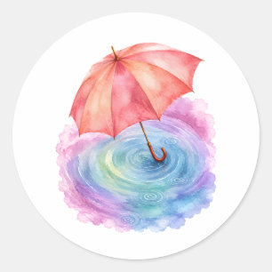 Pastel Umbrella Rain Ripples Watercolor Art Classic Round Sticker