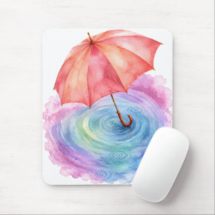 Pastel Umbrella Rain Ripples Watercolor Art Mouse Pad