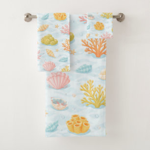 Pastel underwater sea life watercolor pattern bath towel set