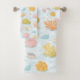 Pastel underwater sea life watercolor pattern bath towel set