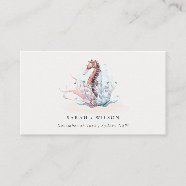 Pastel Underwater Seahorse Seaweed Coral Wedding Place Card (Front)
