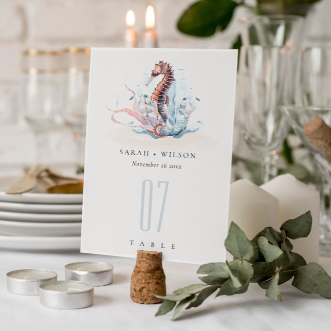 Pastel Underwater Seahorse Seaweed Coral Wedding Table Number (Creator Uploaded)