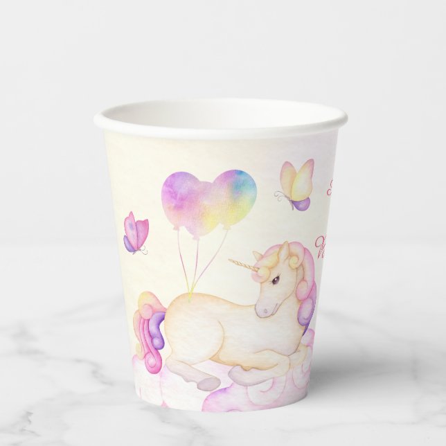 Pastel Unicorn And Balloons Birthday Paper Cups (Front)