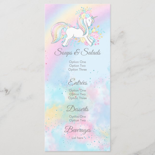 Pastel Unicorn Baby Shower Menus (Front)