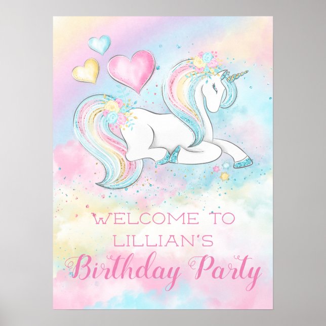 Pastel Unicorn Birthday Party Sign Banner (Front)