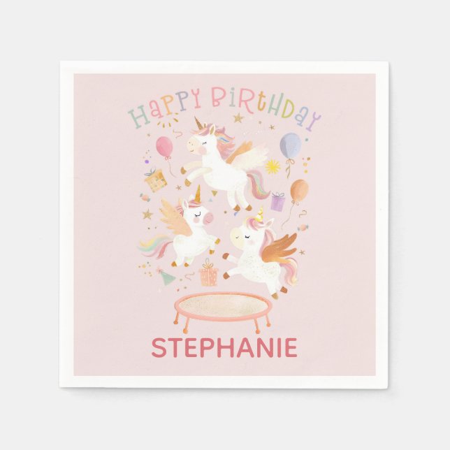 Pastel Unicorn Cute Trampoline Birthday Party Napkin (Front)