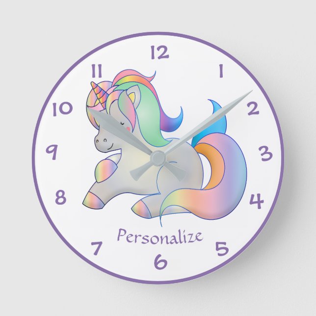 Pastel Unicorn Dream Rainbow Fantasy Design Round Clock (Front)