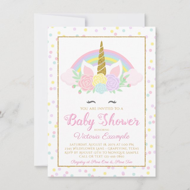 Pastel Unicorn Face Rainbow Baby Shower Invitation (Front)