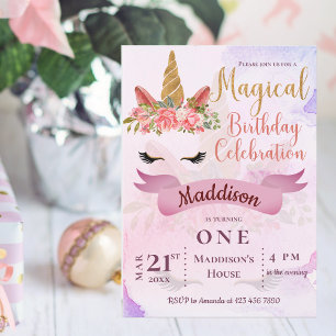 Pastel Unicorn  Floral Birthday Party Invitation