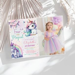 Pastel Unicorn Four Ever Magical Birthday Photo Invitation