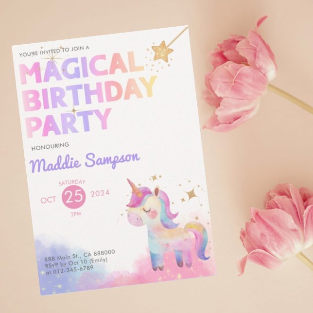 Pastel Unicorn Girl Birthday Party Invitation  (Pastel Unicorn Magical Birthday Party Invitation)