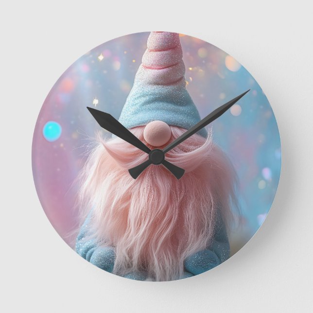 Pastel Unicorn Gnome / Gonk with Fluffy Pink Beard Round Clock (Front)