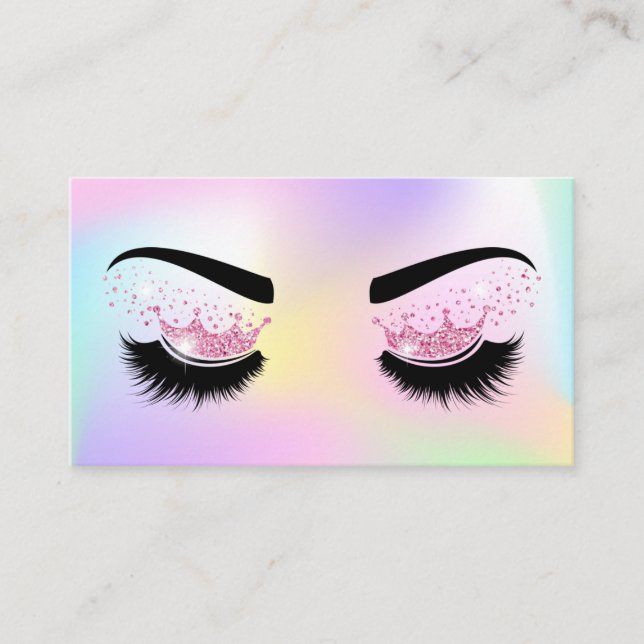 Pastel Unicorn hologram Makeup artist Crown Lash Business Card (Front)