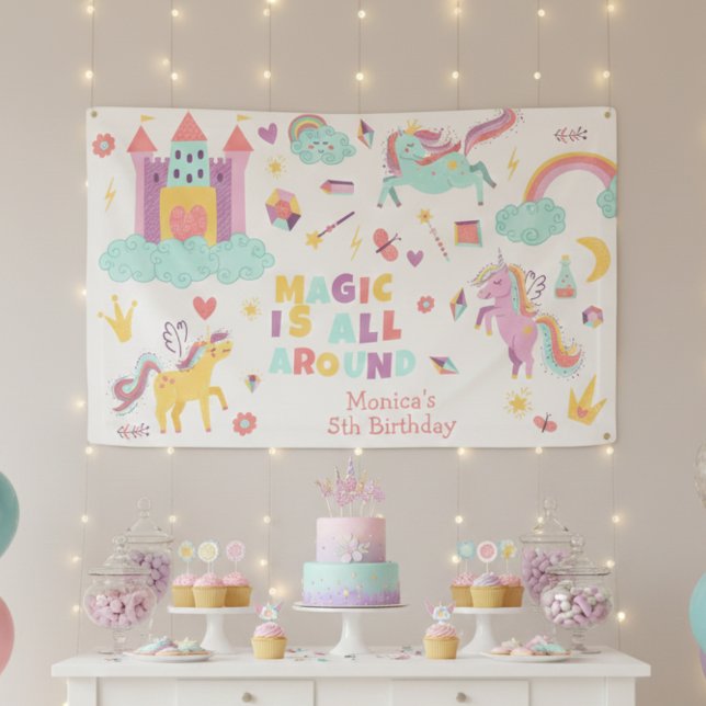 Pastel unicorn magic is all around birthday banner (Creator Uploaded)