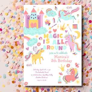 Pastel unicorn magic is all around birthday invitation