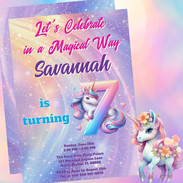 Pastel Unicorn Magical 7th Birthday Party  Invitation (Magical Unicorn Birthday Party Invitation)