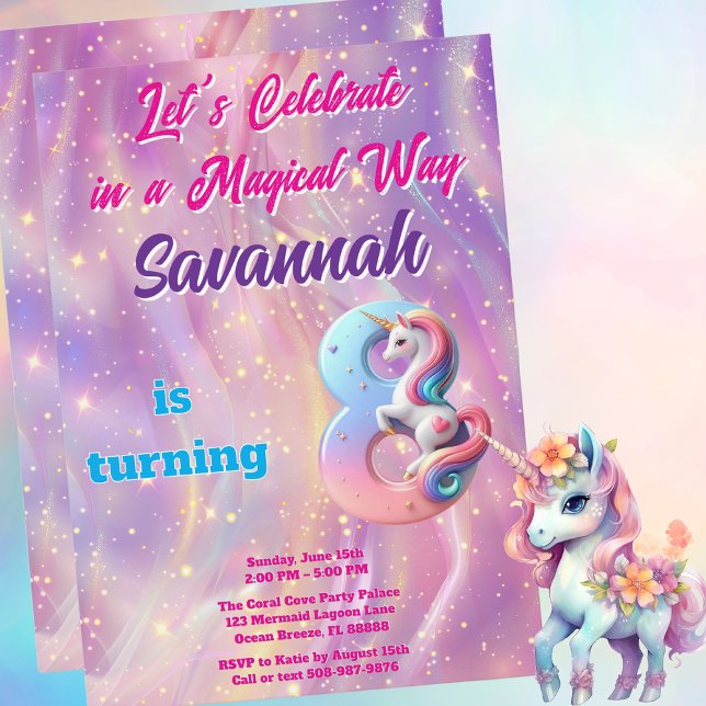 Pastel Unicorn Magical 8th Birthday Party  Invitation (Magical Unicorn Birthday Party Invitation)