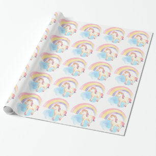 Pastel Unicorn on Cloud, Rainbow Wrapping Paper