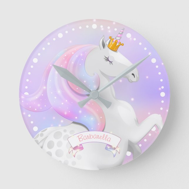 Pastel Unicorn Princess Round Clock (Front)
