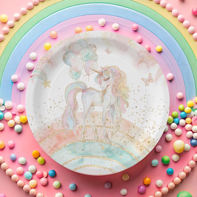 Pastel Unicorn Rainbow Birthday Paper Plate (Creator Uploaded)