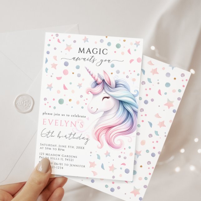 Pastel unicorn rainbow colour birthday girl invitation (Creator Uploaded)