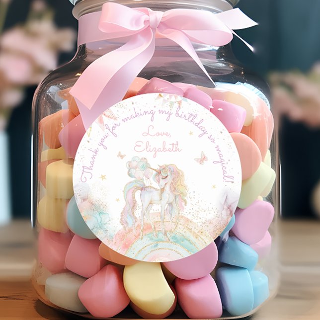 Pastel Unicorn Rainbow Girl Birthday Thank You Classic Round Sticker (Creator Uploaded)