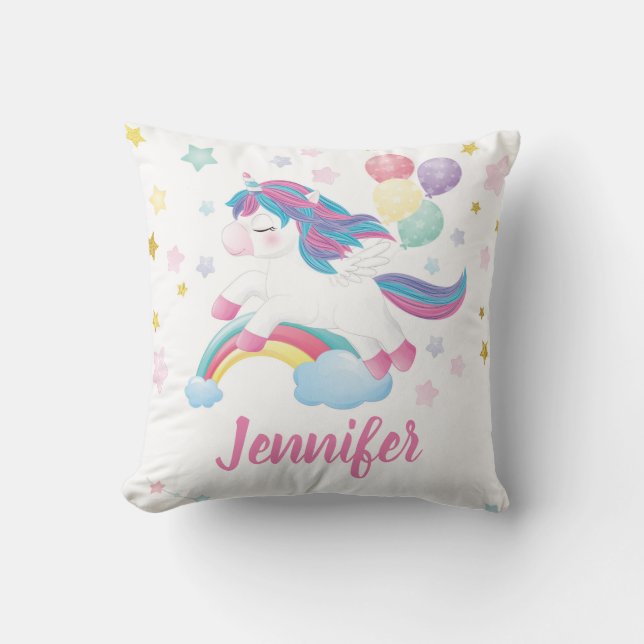 Pastel Unicorn Rainbow Personalised Name Cushion (Front)