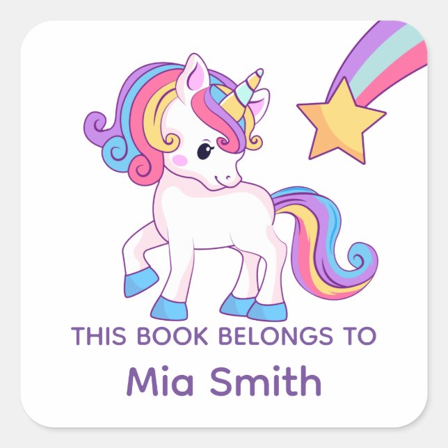 Pastel Unicorn  "This Book Belongs" Kids Name Square Sticker (Front)