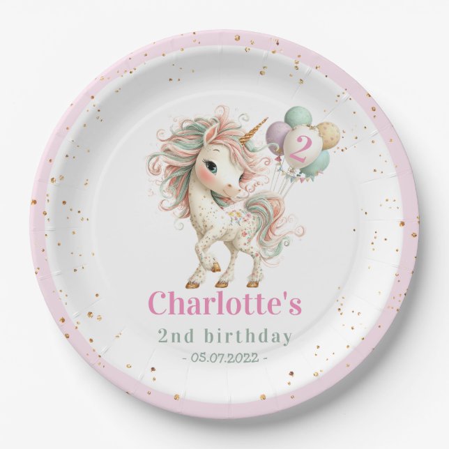 Pastel Unicorn with Balloons Birthday Paper Plate (Front)