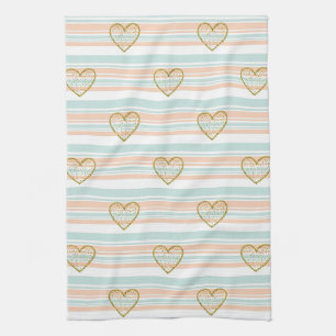 Pastel Valentine Hearts and Stripes Gold Accent Tea Towel