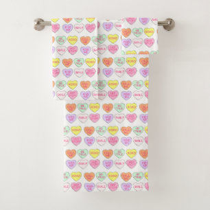 Pastel Valentine's Day Candy Hearts Love Print Bath Towel Set