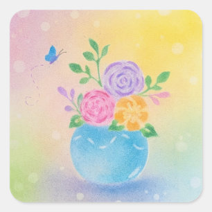 Pastel Vase Flowers Butterfly Art Square Sticker